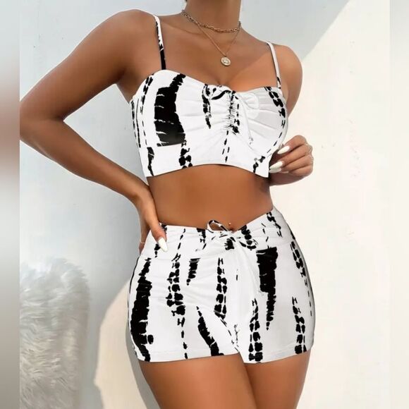 All Over Print Tie Front Boxer Short Bikini Swimsuit, Women's Swimwear sz large - Picture 3 of 15